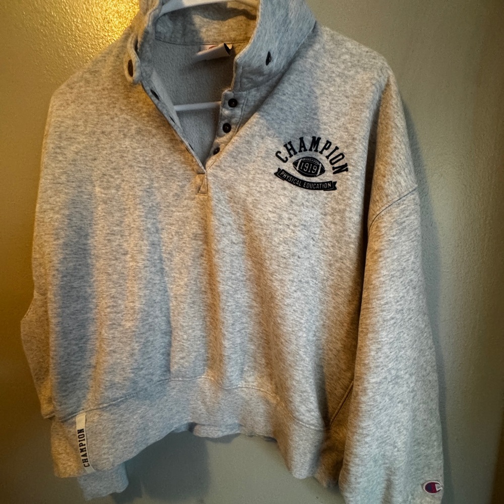 Champion Gray Quarter Button Sweatshirt Pullover | Size M